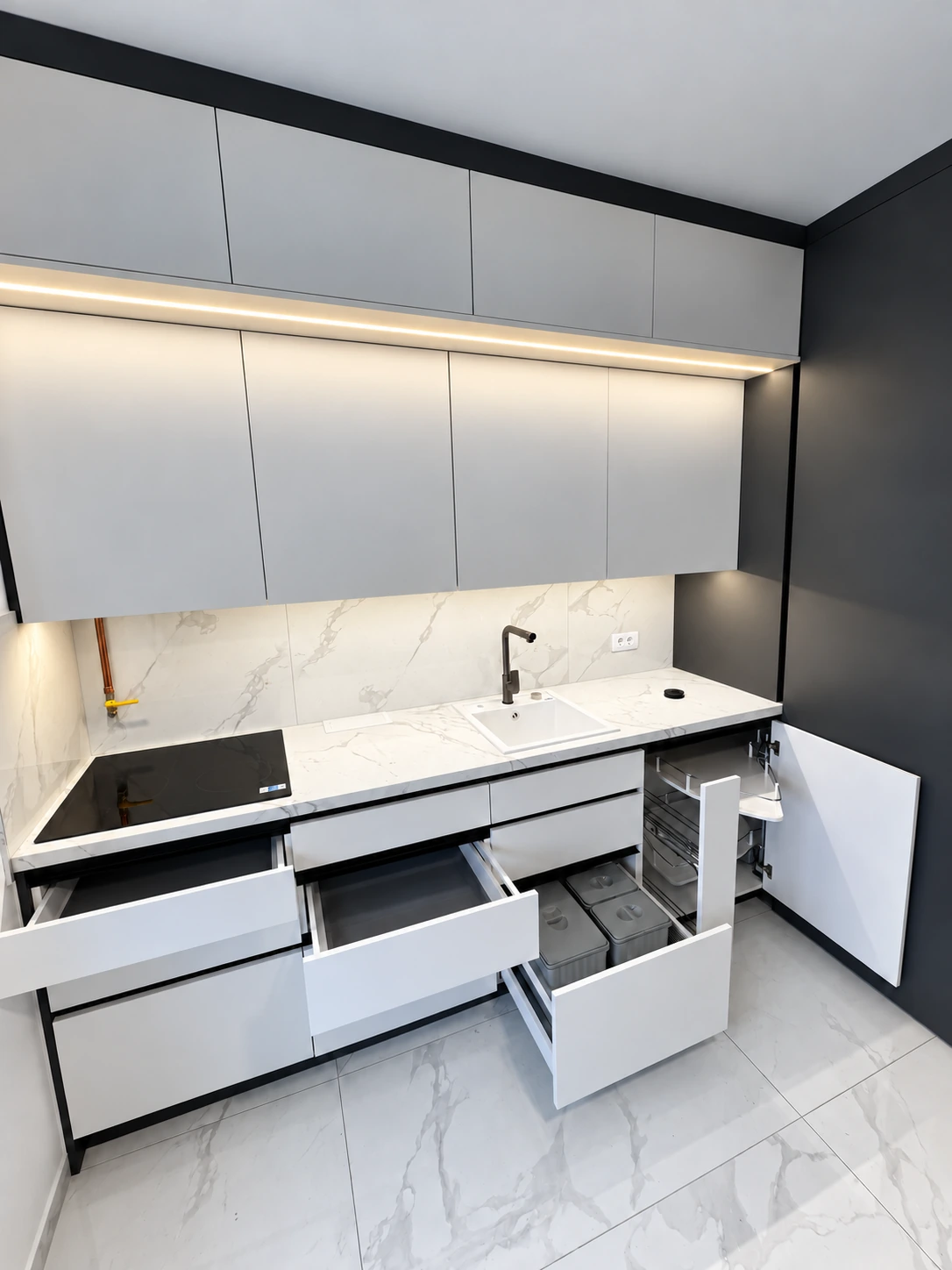 Open drawers and corner cabinet
