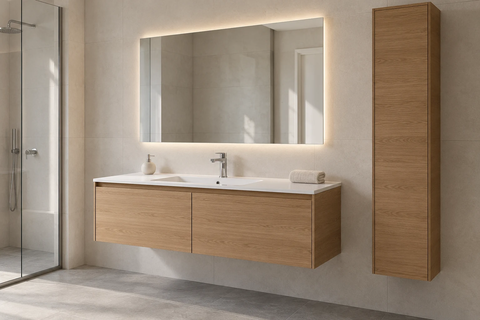 3D concept of an oak-effect bathroom vanity and tall cabinet