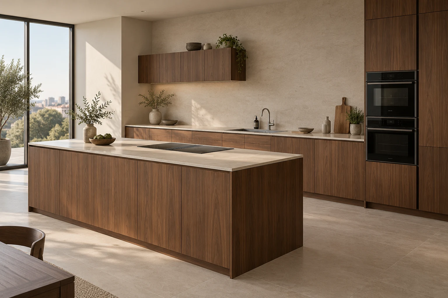 3D kitchen concept with walnut fronts and an island
