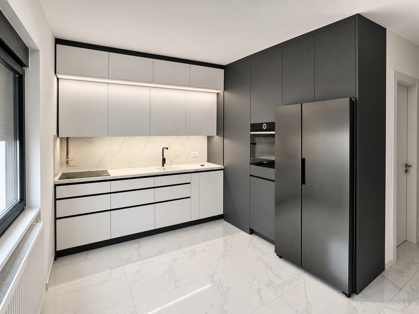 Completed kitchen with white base units and tall grey cabinets