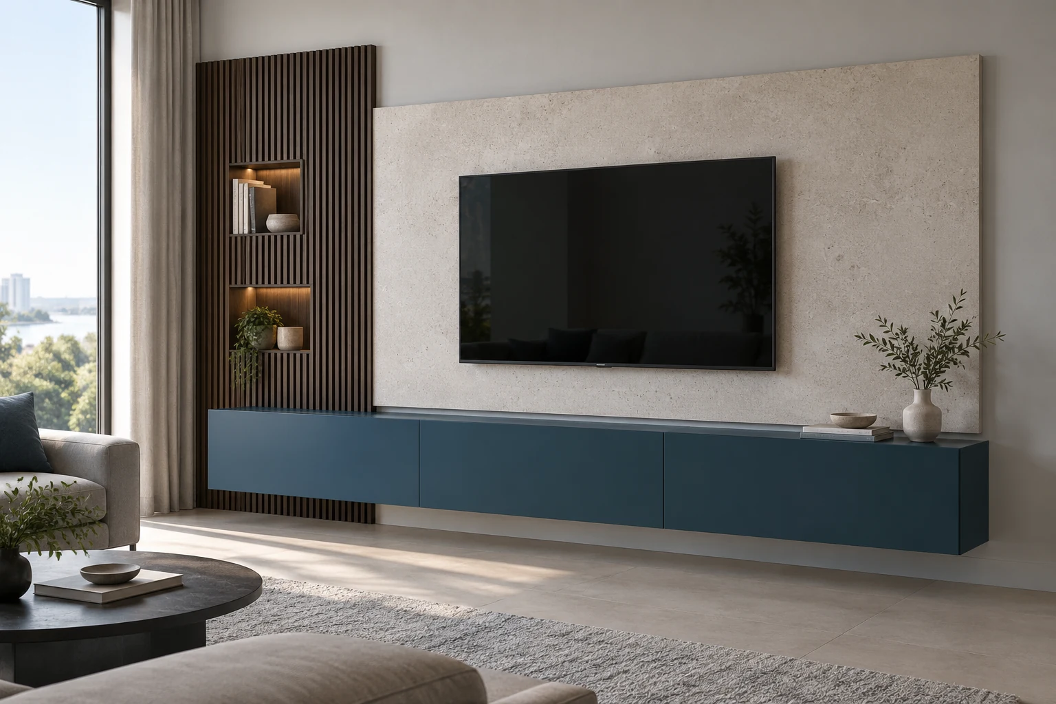 3D living room concept with a teal TV cabinet