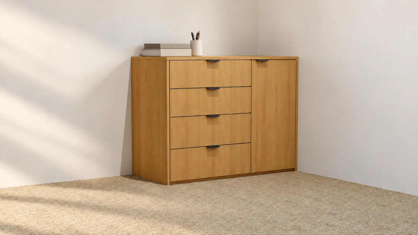 Wood-finish cabinet for a workspace