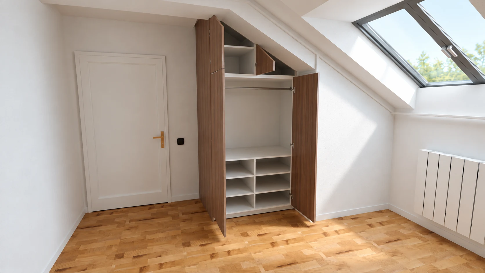 Sloping-ceiling wardrobe — internal shelves