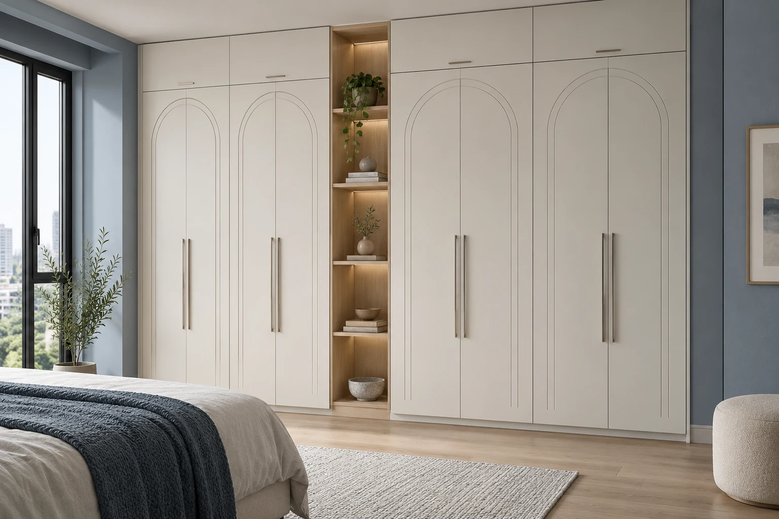 3D wardrobe concept with arched detailing on the doors